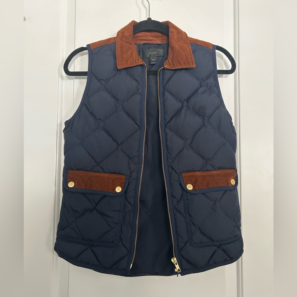 J. Crew Navy Quilted Vest with Brown Corduroy Trim